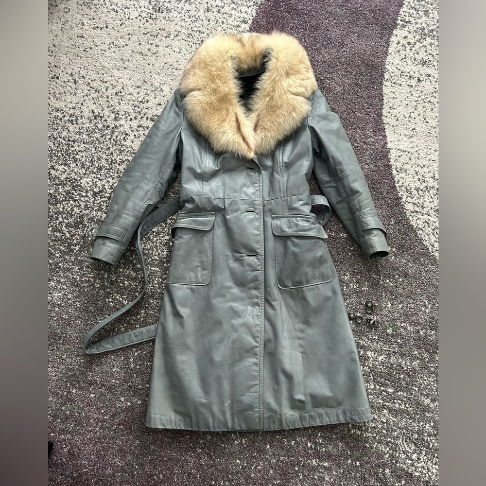 Women's Gray Leather Trench Coat with Real Fur Collar